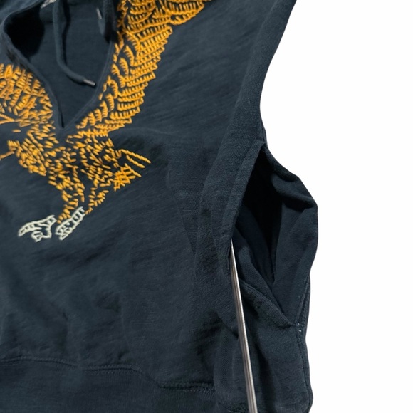 Lucky Brand Black Embroidered Eagle Hoodie Size Small Deep V Pullover Active - Picture 6 of 12